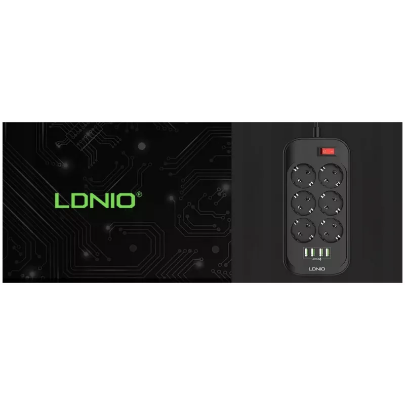 LDNIO SE6403 Listwa zasilająca 6 gniazd + 4 porty USB, kabel 2m, 2500W, biała