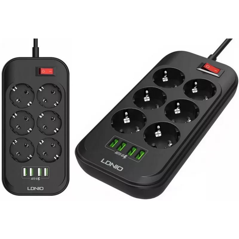 LDNIO SE6403 Listwa zasilająca 6 gniazd + 4 porty USB, kabel 2m, 2500W, biała