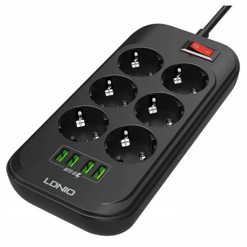 LDNIO SE6403 Listwa zasilająca 6 gniazd + 4 porty USB, kabel 2m, 2500W, biała