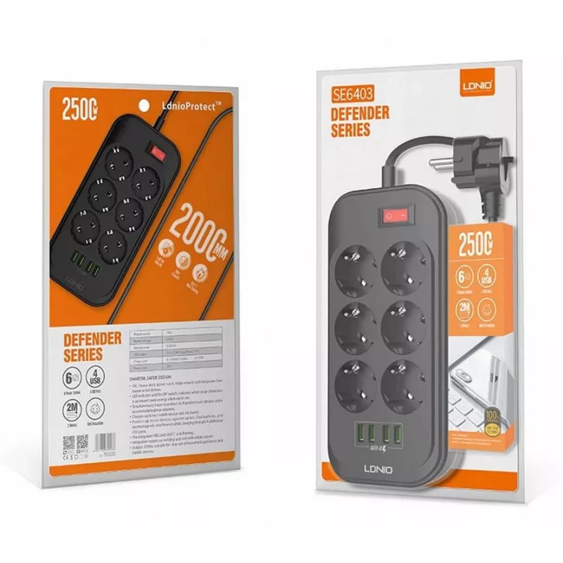 LDNIO SE6403 Listwa zasilająca 6 gniazd + 4 porty USB, kabel 2m, 2500W, biała