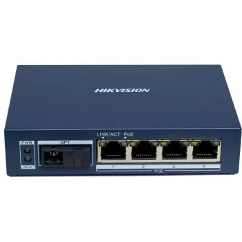 Hikvision DS-3D504TP-A Niezarządzalny przemysłowy przełącznik PoE, 4 porty PoE+, 1 uplink SFP, budżet 60W