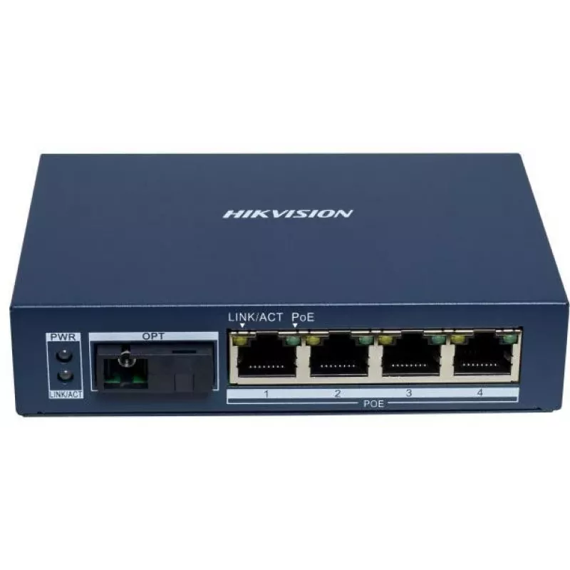 Hikvision DS-3D504TP-A Niezarządzalny przemysłowy przełącznik PoE, 4 porty PoE+, 1 uplink SFP, budżet 60W