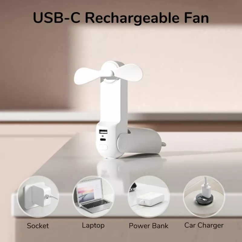 JISULIFE Handheld Fan 8 Biały Przenośny Wentylator USB z Power Bankiem 2000mAh i Latarką
