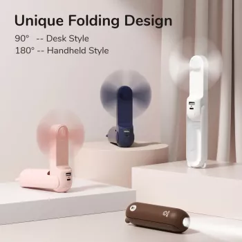 JISULIFE Handheld Fan 8 Biały Przenośny Wentylator USB z Power Bankiem 2000mAh i Latarką