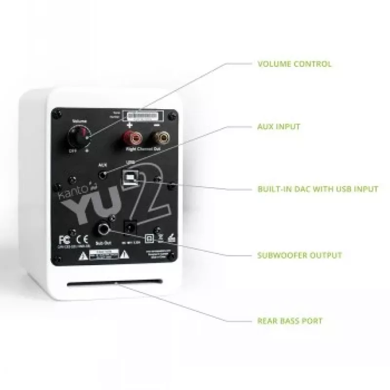 KANTO AUDIO YU2MW-CG Zasilane głośniki półkowe z USB DAC i 3.5mm AUX - Biały mat (z przewodami zasilającymi Typ C i G)