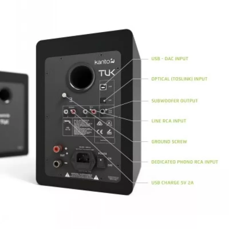 KANTO AUDIO TUKMB-FG Premium Powered Speaker z wyjściem słuchawkowym, USB DAC, dedykowanym przedwzmacniaczem gramofonowym, Bluetooth, matowa czerń (z przewodami zasilającymi typu F i G)