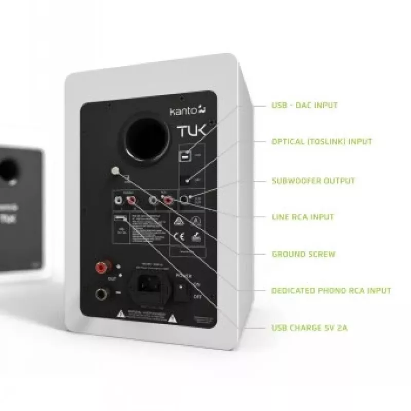KANTO AUDIO TUKMW-FG Premium Powered Speaker z wyjściem słuchawkowym, USB DAC, dedykowanym przedwzmacniaczem gramofonowym, Bluetooth, biały mat (w tym przewody zasilające typu F i G)