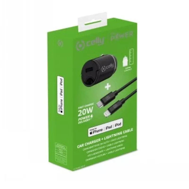 CELLY CCMINILIGHT – Ładowarka samochodowa USB-C + kabel USB-C do Lightning 20W [PRO POWER]