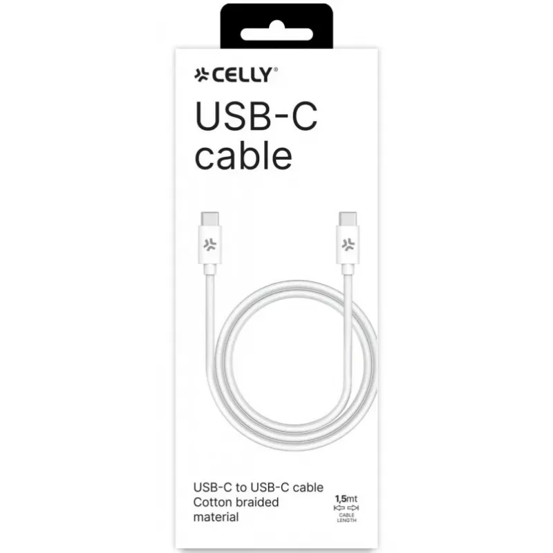CELLY USBCUSBCCOTT - Przewód USB-C na USB-C w bawełnianym oplocie, biały (Power Delivery)