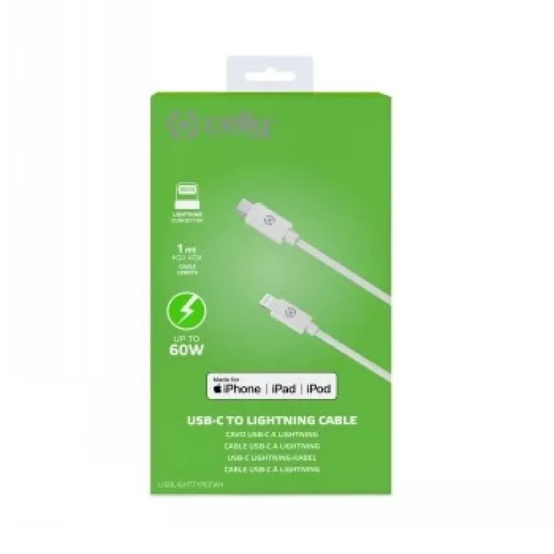 CELLY Lightning do USB-C Kabel 60W - 1.2m Biały Certyfikat MFi