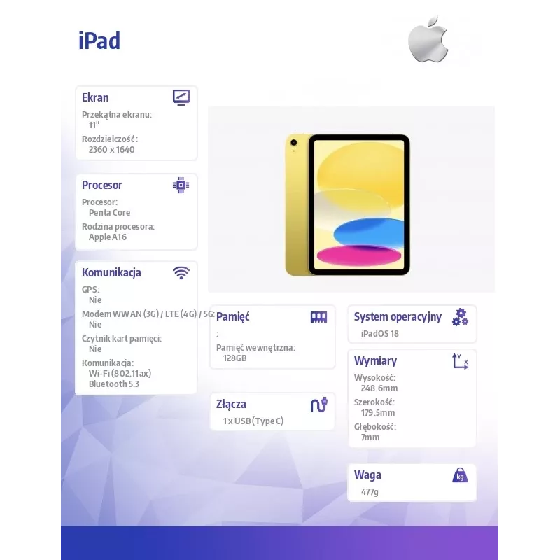 Apple iPad 10.9 11. generacji (2025) 128GB WiFi - Żółty
