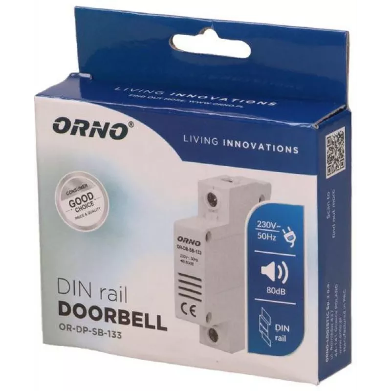 ORNO OR-DP-SB-133 Przewodowy dzwonek do drzwi, szyna DIN 1 moduł, 230V AC, 85 dB, biały/szary