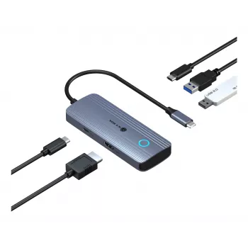 IcyBox IB-DK4081-SO Spade Dock 4081 5-w-1 podróżna stacja dokująca z ładowaniem Off-Screen, USB-C, HDMI 4K, Gigabit Ethernet, 2x USB-A, 100W PD, aluminium