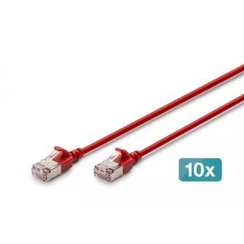 DIGITUS CAT 6A F/FTP Slim Patch Cable, 0.5 m, Czerwony, 10-Pack, LSZH, 10 Gbps