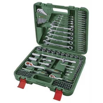 BOSCH POWERTOOLS 134-częściowy zestaw narzędzi DIY w zielonej walizce z narzędziami ręcznymi, bitami, elementami złącznymi i akcesoriami