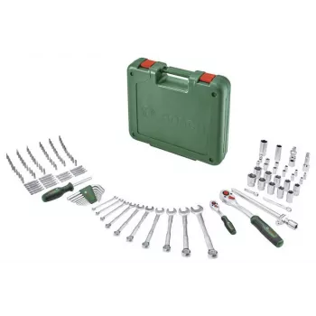BOSCH POWERTOOLS 134-częściowy zestaw narzędzi DIY w zielonej walizce z narzędziami ręcznymi, bitami, elementami złącznymi i akcesoriami