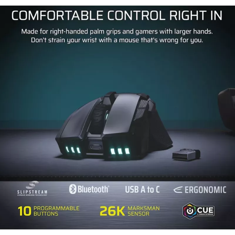 CORSAIR Ironclaw Wireless SE Mysz gamingowa - 26 000 DPI, optyczna, SLIPSTREAM Wireless, Bluetooth, USB, RGB, czarna
