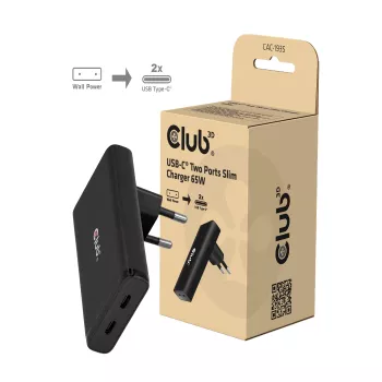 Club 3D CAC-1935 Slim 65W Dual USB-C GaN PD 3.1 PPS Ładowarka, Czarny
