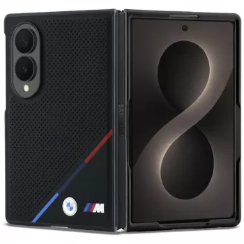 BMW M Skórzane Perforowane Etui z Paskiem Tricolor i Metalowymi Logo MagSafe do Samsung Galaxy Z Fold8 - Czarny