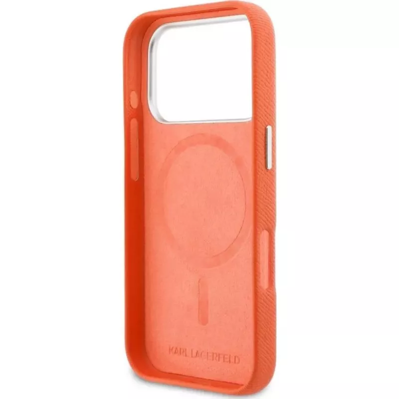 Karl Lagerfeld Karl & Choupette Head Pins Saffiano MagSafe Case do iPhone 17 Pro Max – Pomarańczowy