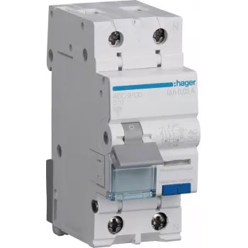 Hager ADC910D RCBO 2P 10A 30mA Typ AC Wyłącznik różnicowoprądowy z zabezpieczeniem nadprądowym