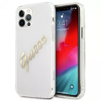 GUESS Vintage Script Gold twarde etui do Apple iPhone 12 Pro Max - przezroczyste