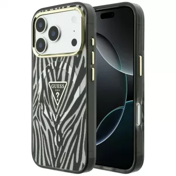 Etui MagSafe GUESS IML Zebra Glitter Triangle Logo dla iPhone 18 Pro Max / 17 Pro Max, srebrne