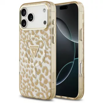 GUESS IML Leopard Glitter Triangle Logo MagSafe etui do iPhone 18 Pro Max / 17 Pro Max - Brązowy