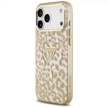 GUESS IML Leopard Glitter Triangle Logo MagSafe etui do iPhone 18 Pro Max / 17 Pro Max - Brązowy