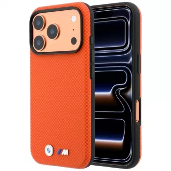 Etui BMW M Quadrille Kevlar MagSafe na iPhone 17 Pro Max / 18 Pro Max – Pomarańczowe z metalowym logo