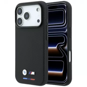 Etui BMW M Quadrille Kevlar MagSafe do iPhone 18 Pro Max / 17 Pro Max - czarne z tricolorem i metalowym logo