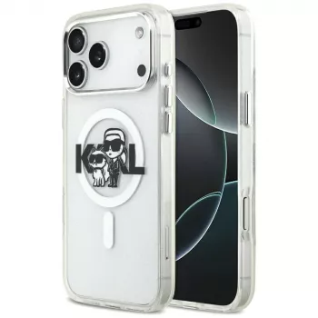 Karl Lagerfeld IML Glitter Karl & Choupette Sketch Logo MagSafe Case do iPhone 17 Pro Max, Transparent