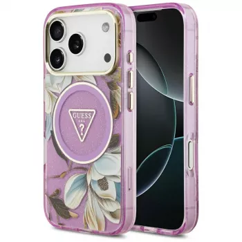 GUESS IML Glitter Flowers Triangle MagSafe Case do iPhone 18 Pro / 17 Pro - Fioletowy