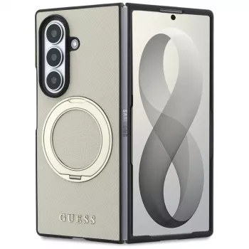 Guess Magnetic Ring Stand Grained Classic Logo MagSafe Case do Samsung Galaxy Z Fold 8 Ultra (Beżowy)