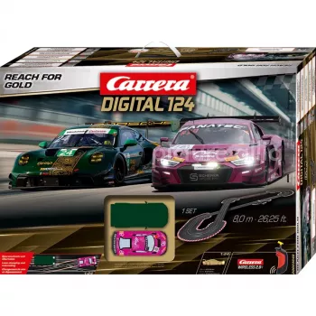 Carrera DIGITAL 124 Reach for Gold Zestaw Wyścigowy Samochodzików Torowych 1:24 z 2 Autami i Bezprzewodowymi Kontrolerami
