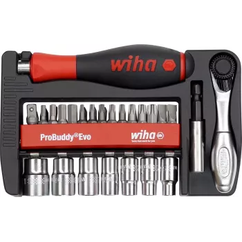 Zestaw bitów i nasadek WIHA 46960 Evo, 40 elementów, napęd 1/4 inch, stal chromowo-wanadowa, z grzechotką 72-zębną, nasadki 5,5-13 mm, bity: płaskie, krzyżowe, Pozidriv, Torx, Hex, w solidnym etui