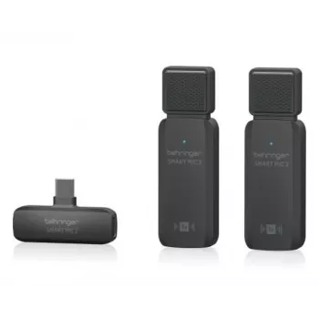Behringer SMART MIC 2 Bezprzewodowy system mikrofonowy do smartfonów z łącznością Lightning, USB-C i 3.5mm, cyfrowy 2.4GHz, pojemnościowy dookólny, zasięg do 100m, bateria 7h, w tym wejście na mikrofon krawatowy, osłona przeciwwietrzna i etui