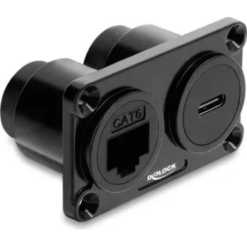 Delock Dual Panel Mount Adapter USB 10 Gbps USB Type-C™ żeński PD 100 W + RJ45 żeński Cat.6 Czarny