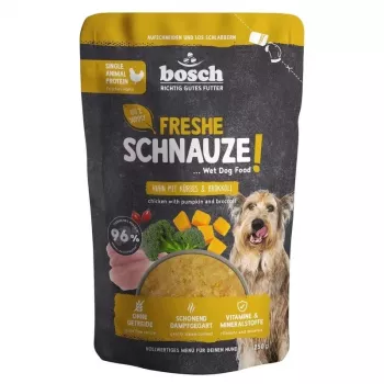 BOSCH Freshe Schnauze Mokra karma dla psów Mono-Protein z kurczakiem, dynią i brokułami – saszetka 250g