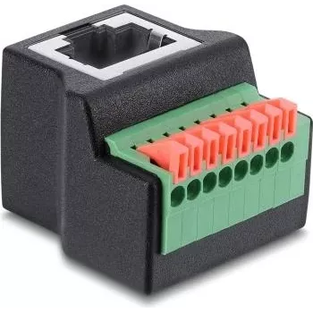 Delock RJ45 żeński do 8-pinowej listwy zaciskowej, kąt 90°, przycisk, czarny