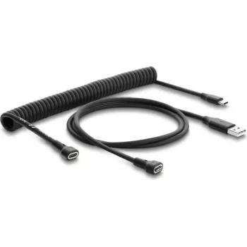 Zestaw kabli magnetycznych spiralnych Delock USB 2.0 Type-A męski do Pogo 4-pin męski + USB Type-C męski do Pogo 4-pin żeński, adapter, czarny, 1,5 m