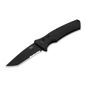Heckler & Koch FD01 Automatyczny nóż składany Tanto D2, czarna aluminiowa rękojeść, ostrze ze stali D2, blokada przyciskowa, ostrze 85 mm
