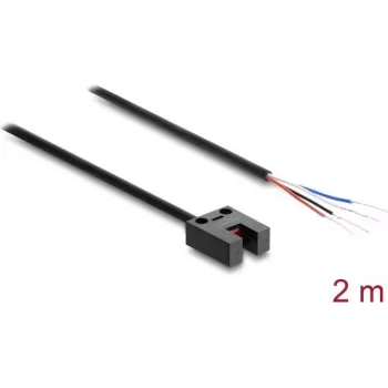 Delock Fotoelektryczny czujnik widełkowy 5 mm, typ U, z 4 otwartymi końcówkami kabla, PNP, przełączany tryb światło/ciemność, 2 m