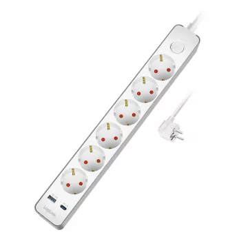 Listwa zasilająca LogiLink z 6 bezpiecznymi gniazdami, USB-A i USB-C PD 20W, wyłącznikiem przyciskowym, 1,5 m, biała