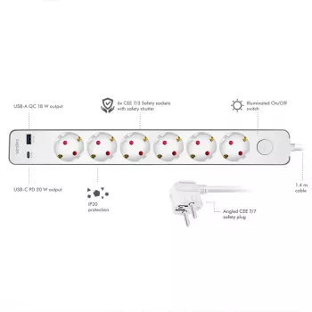 Listwa zasilająca LogiLink z 6 bezpiecznymi gniazdami, USB-A i USB-C PD 20W, wyłącznikiem przyciskowym, 1,5 m, biała