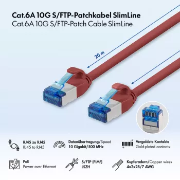 LogiLink SlimLine Cat.6A S/FTP LSZH Patch Cable, Czerwony, 20 m