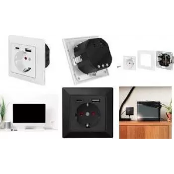LogiLink PA0262B Gniazdo ścienne z 1 gniazdem Schuko, 1 ładowarką USB-A i 1 USB-C, czarne