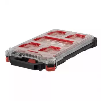 Milwaukee PACKOUT Slim Organizer Medium 8277387 - IP65 odporny na wodę i kurz, 10 wyjmowanych pojemników, przezroczysta poliwęglanowa pokrywa, metalowe wzmocnione zatrzaski, czerwony/czarny