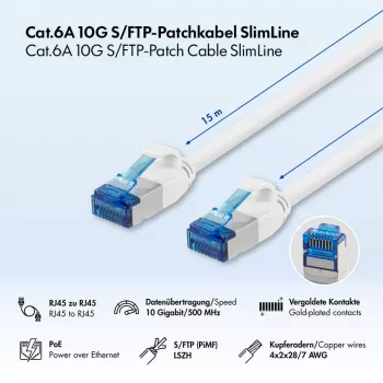 LogiLink SlimLine Cat.6A S/FTP LSZH Patch Cable, Biały, 15 m