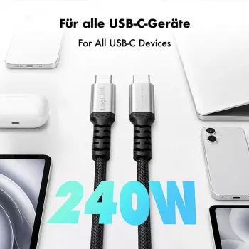 LogiLink USB 2.0 kabel Type-C, C/M do C/M, 480 Mbps, 240W, nylon, metal, czarny/srebrny, 0,5 m